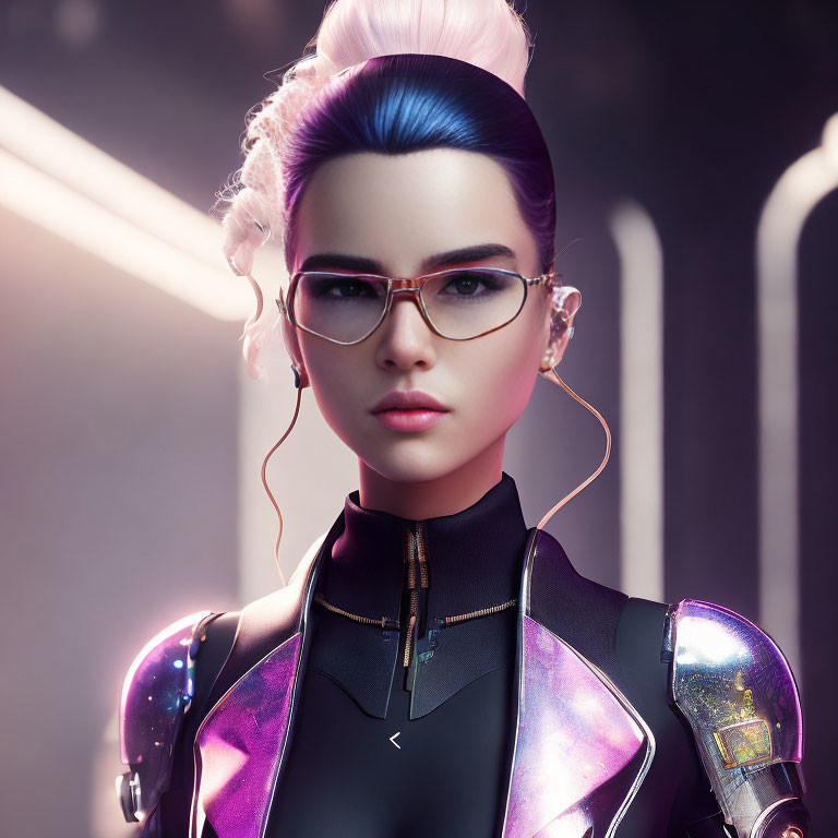 Futuristic digital portrait of a woman in modern metallic outfit