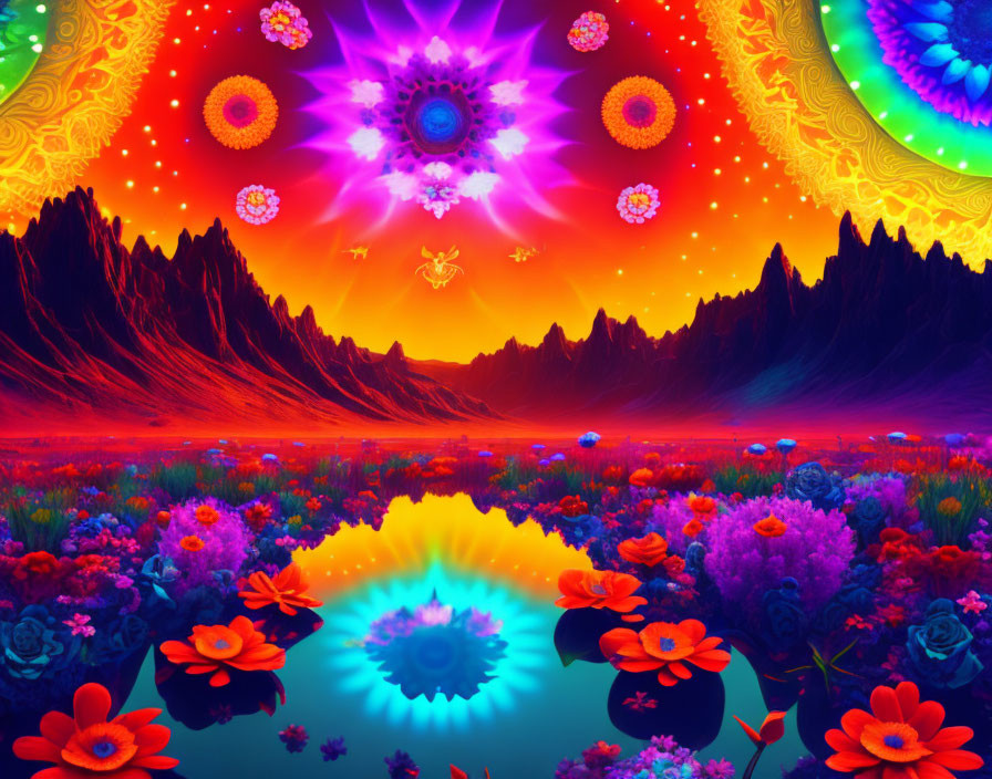 Colorful Psychedelic Landscape with Vivid Mountains and Fractal Sky