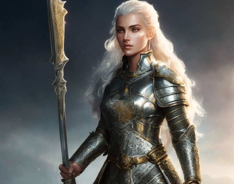 Fantasy warrior with long white hair and spear in silver armor against stormy sky