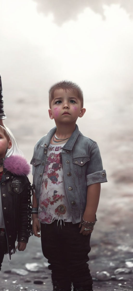 Young boy in stylish denim vest and black pants gazes thoughtfully next to another child on foggy