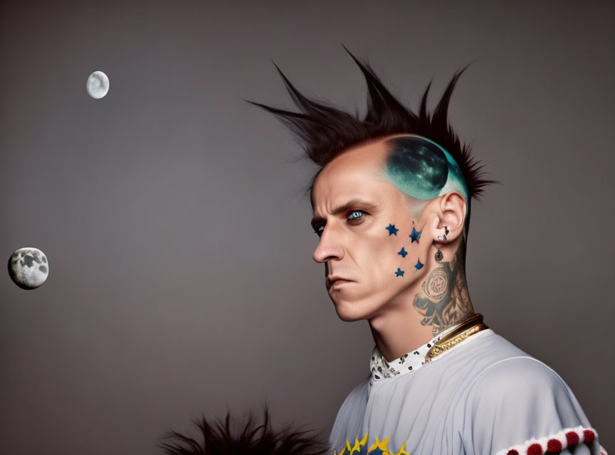 Punk hairstyle person with moon tattoos and orbiting planets on gray background