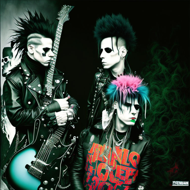 Three individuals in punk/goth style with dramatic hair and makeup posing with a guitar in a dark,