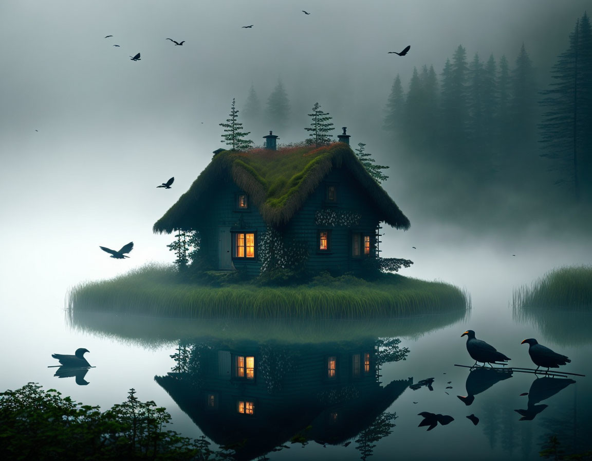 Tranquil cottage with grassy roof by misty water at dawn or dusk