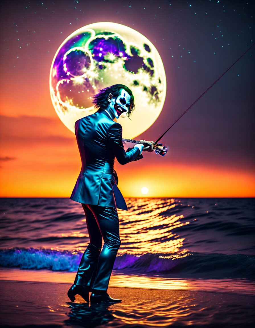 Clown fishing on beach at sunset with oversized moon