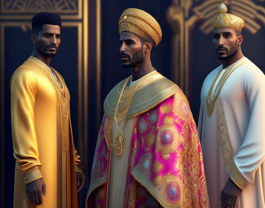 Three Men in Traditional Middle Eastern Attire with Golden Embroidery on Dark Background