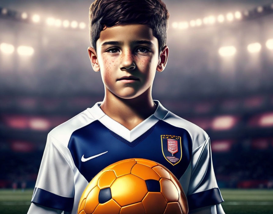 Young boy in football kit with soccer ball in front of lit stadium