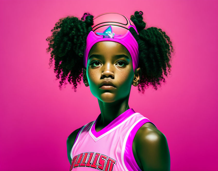 Young girl in pigtails in pink basketball jersey and visor on magenta background