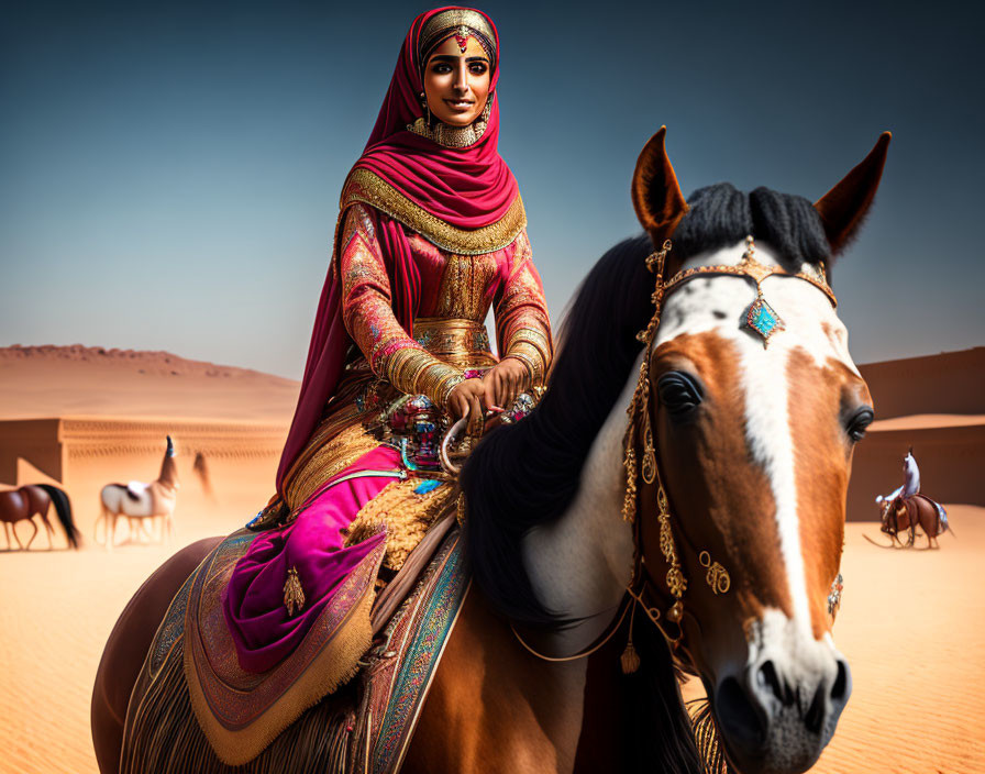 Woman in traditional attire riding horse in desert with others in background