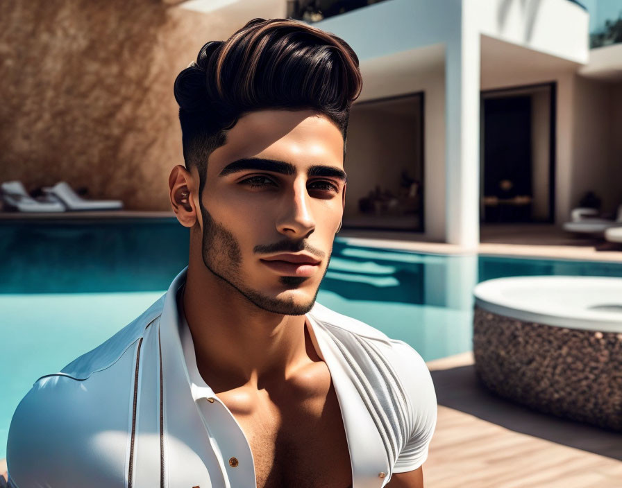 Fashionable Man with Modern Hairstyle and Beard Poolside in White Shirt