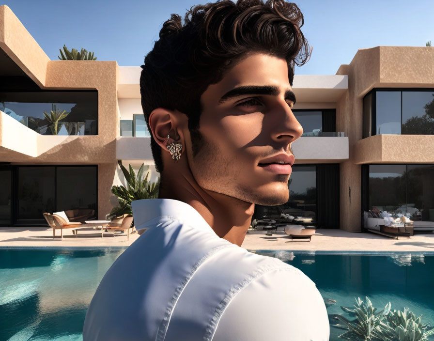 Stylish man with earring in front of modern house with pool