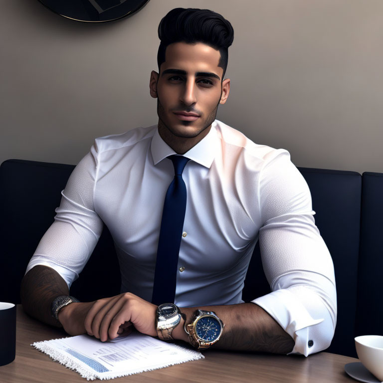 Male character with slicked-back hair in white shirt, blue tie, sitting at table with documents and