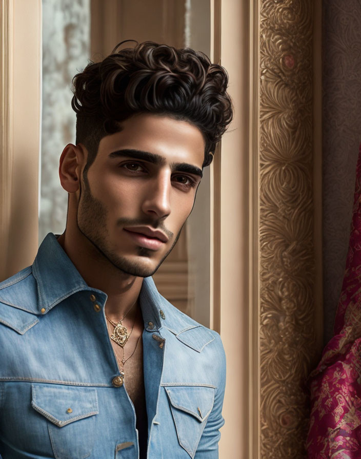 Portrait of a man with thick eyebrows and beard in denim shirt by elegant window