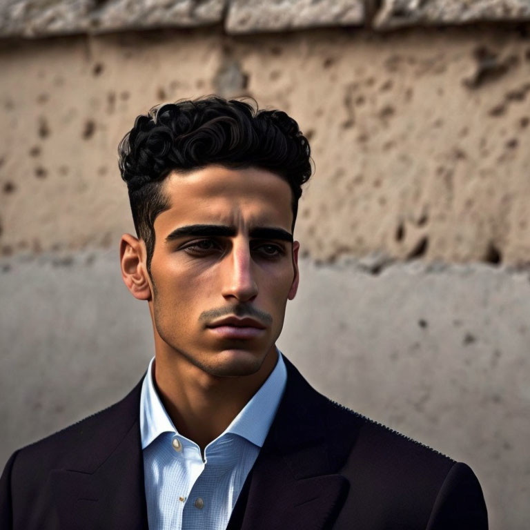 Man with Curly Hair in Dark Suit Against Textured Wall