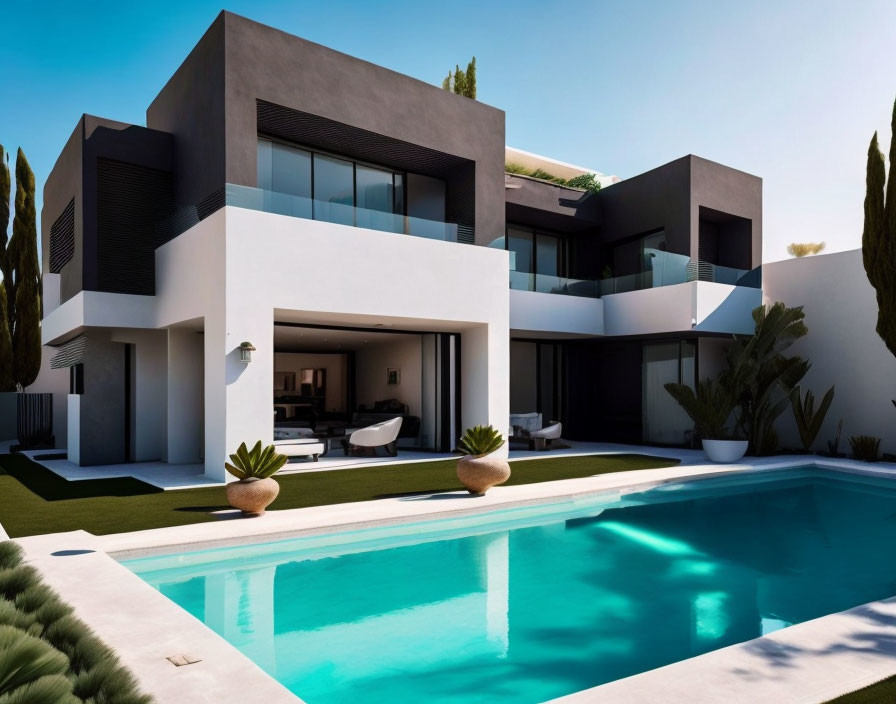 Modern Two-Story House with Flat Roofs, Large Windows, White Walls, Swimming Pool, and