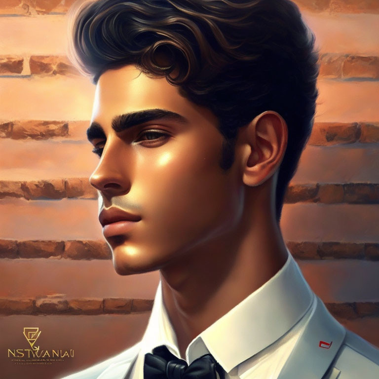 Stylized young man in white shirt and bow tie against brick wall