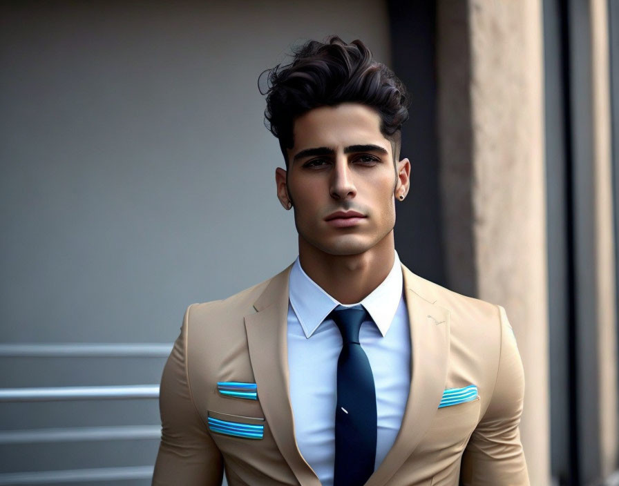 Stylish man in beige suit with blue details and tie exudes confidence