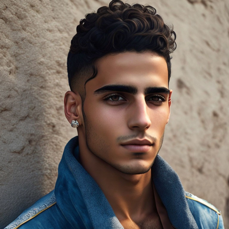 Portrait of a man with curly hair, stud earring, denim jacket, against tan wall