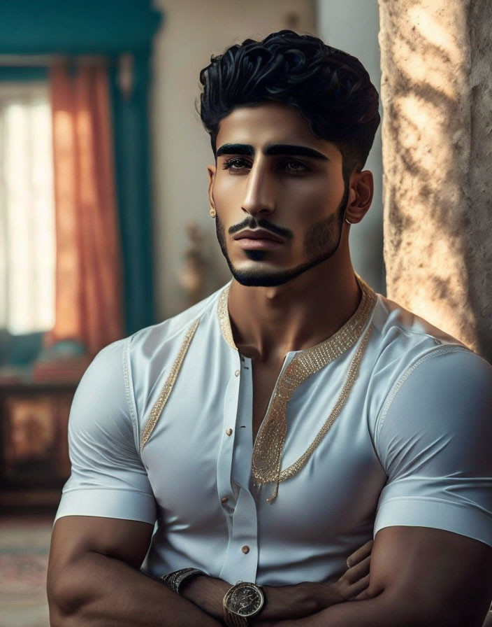 Styled man in white shirt and watch, with beard, in blue curtain room