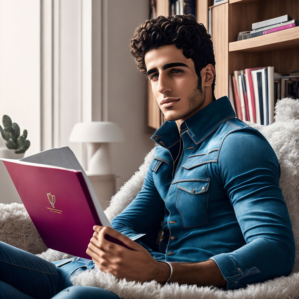 Illustration of man with curly hair reading book by window