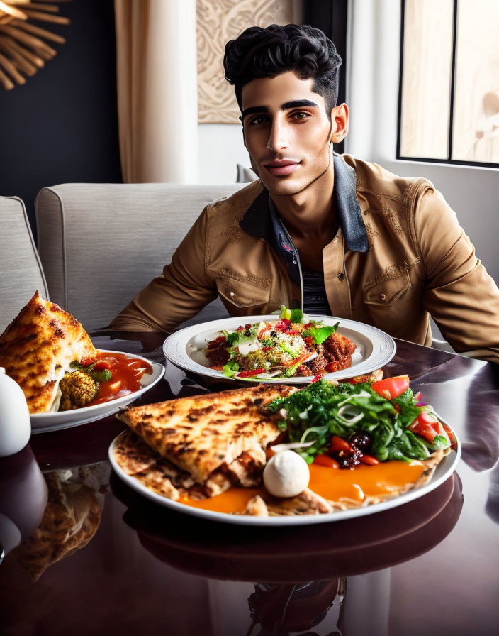 Young man at table with salads and grilled flatbread.