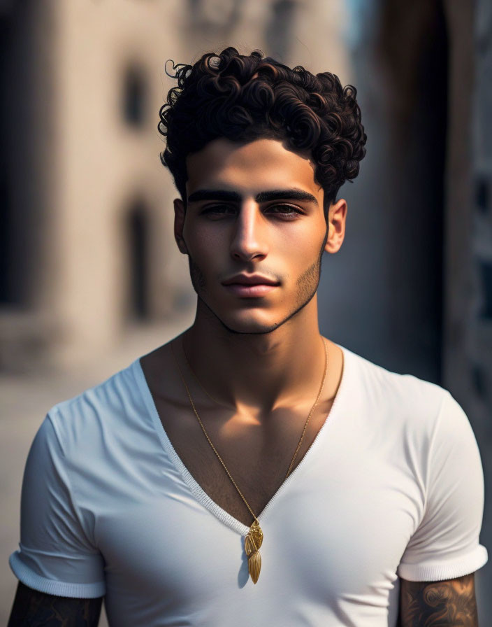 Young man portrait with curly hair, white V-neck shirt, feather necklace, blurred background