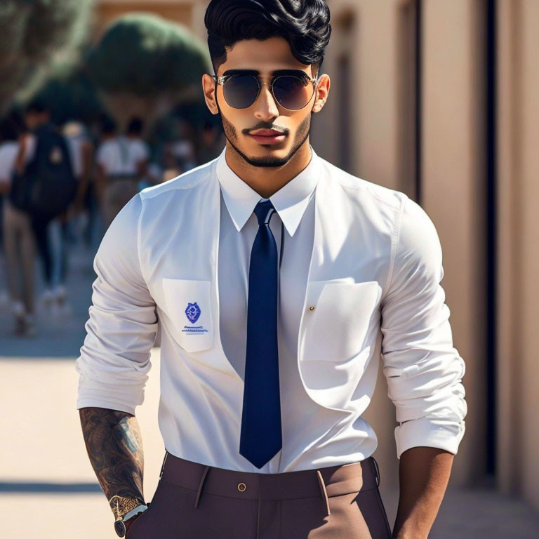 Confident man in white shirt, tie, and sunglasses outdoors.