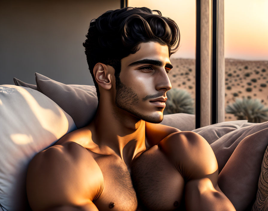 Muscular man with dark hair and beard on a pillow with sunset view