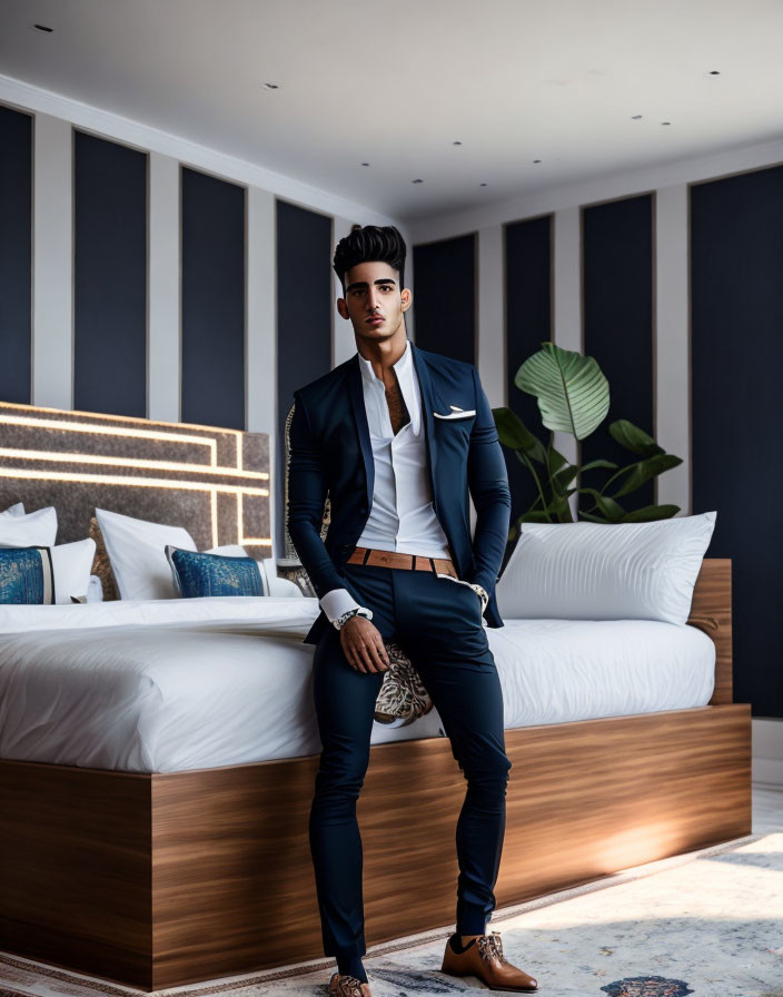 Confident man in fitted suit in modern bedroom