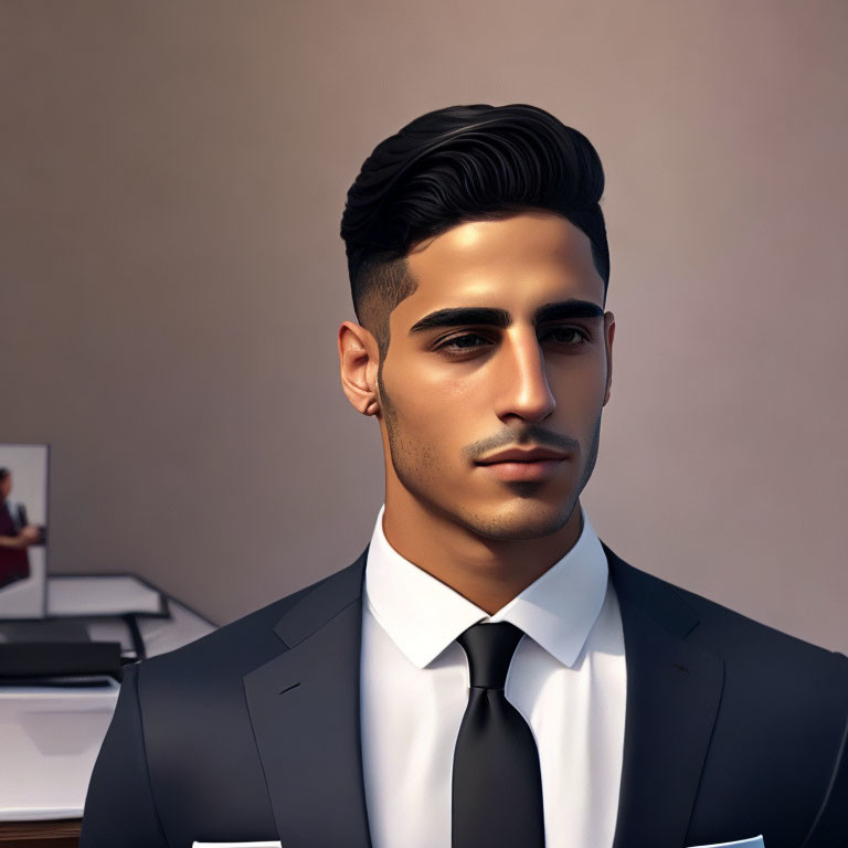 Man in Suit with Slicked-Back Hair and Reflection Illustration