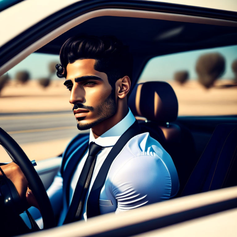 Bearded man in suit driving car in desert scenery