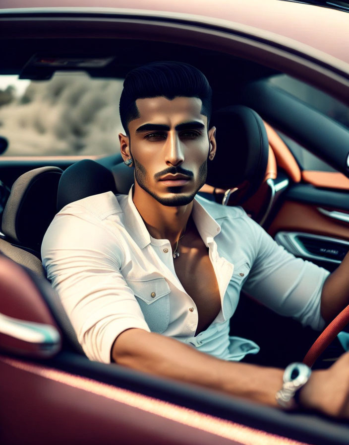 Confident man with stylish beard in luxurious car interior