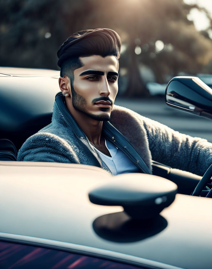 Man with Sharp Haircut and Beard in Convertible Car Portrait