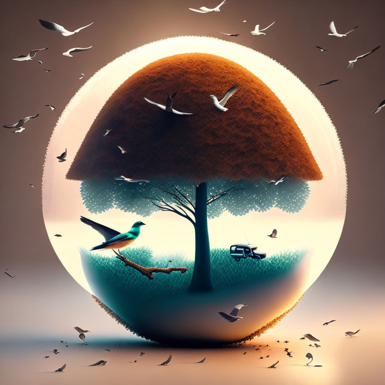 Surreal image of tree, bench, birds in flight in spherical boundary