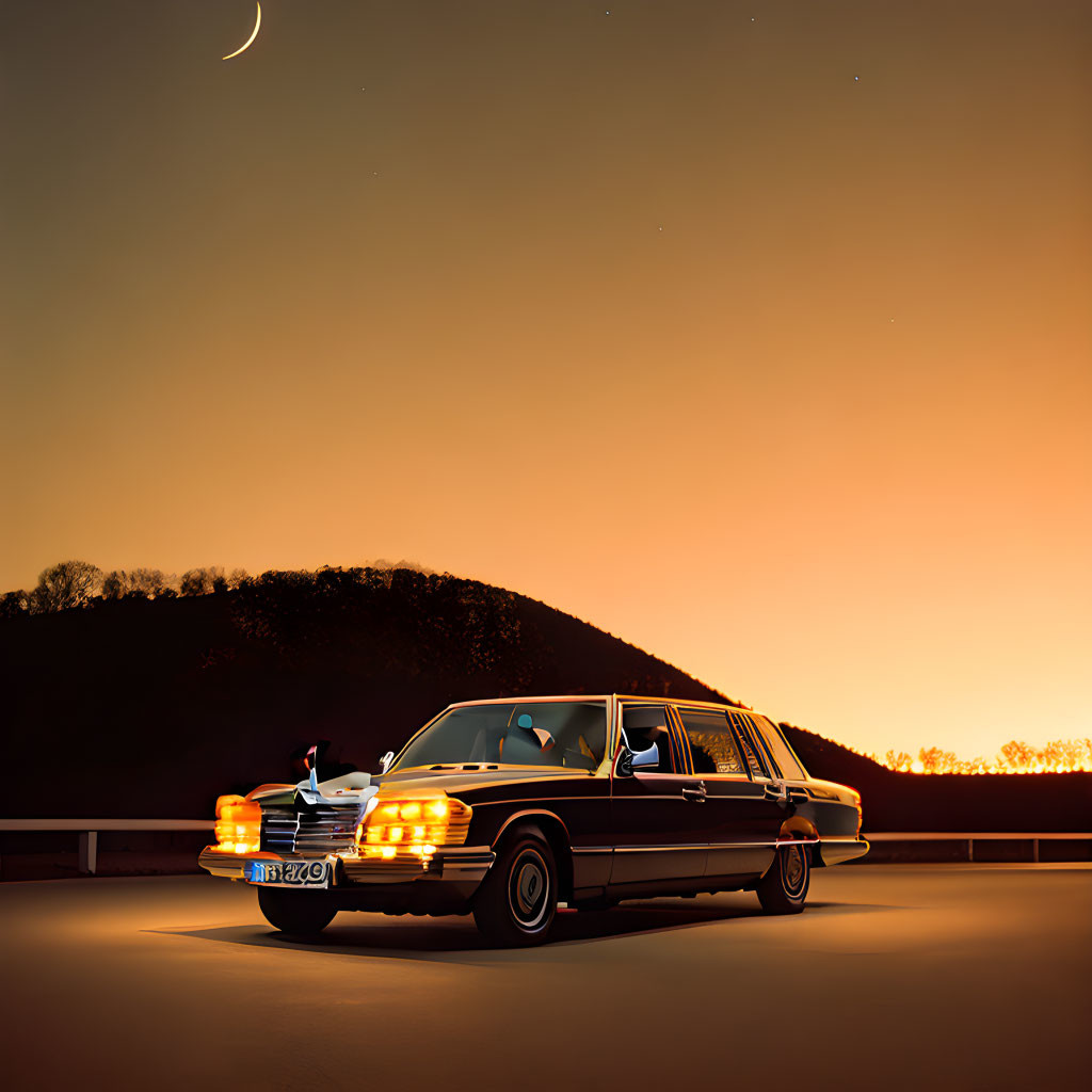 Vintage car on highway at dusk with crescent moon and hill silhouettes