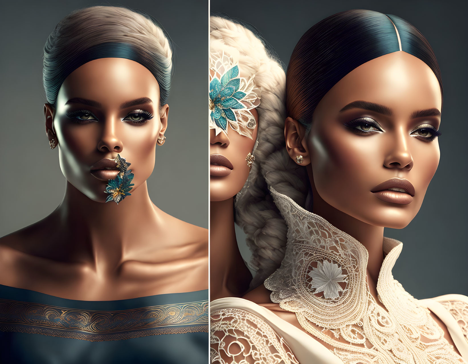 Stylized portraits of women with elaborate hairstyles and makeup