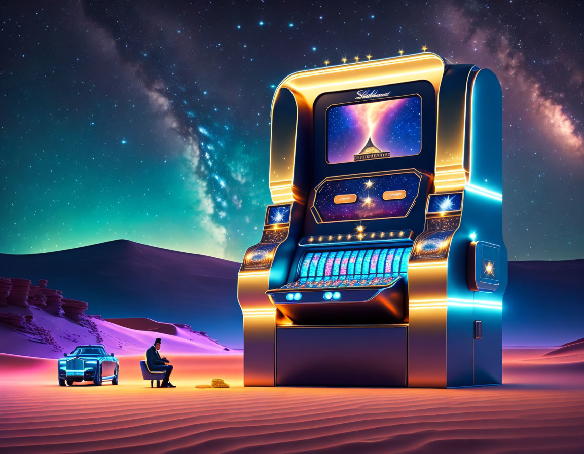 Giant Jukebox Illuminates Desert Scene with Person and Classic Car