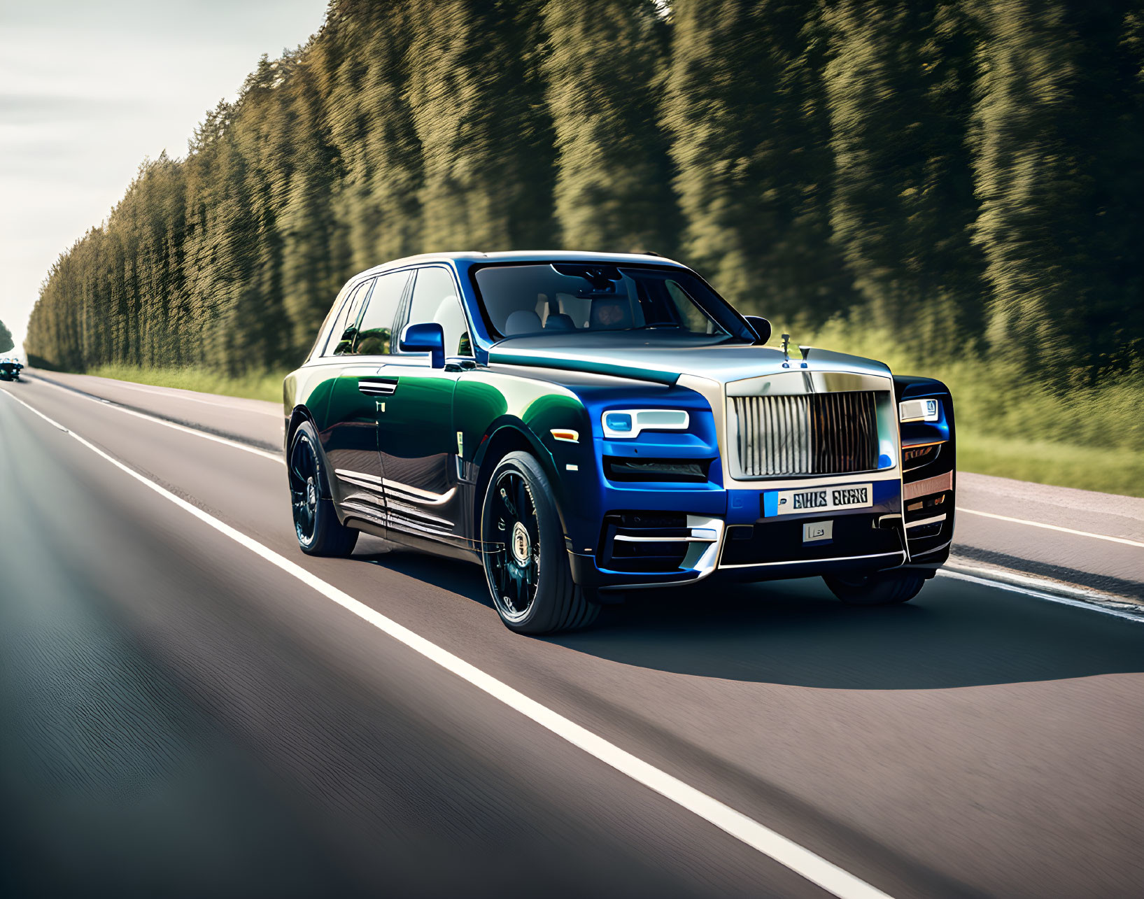 Luxury SUV with distinctive grille and emblem on highway with trees and clear sky