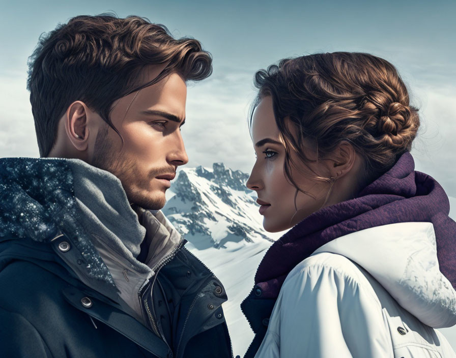 Close-Up Digital Artwork of Intense Man and Woman in Winter Clothes on Snowy Mountain