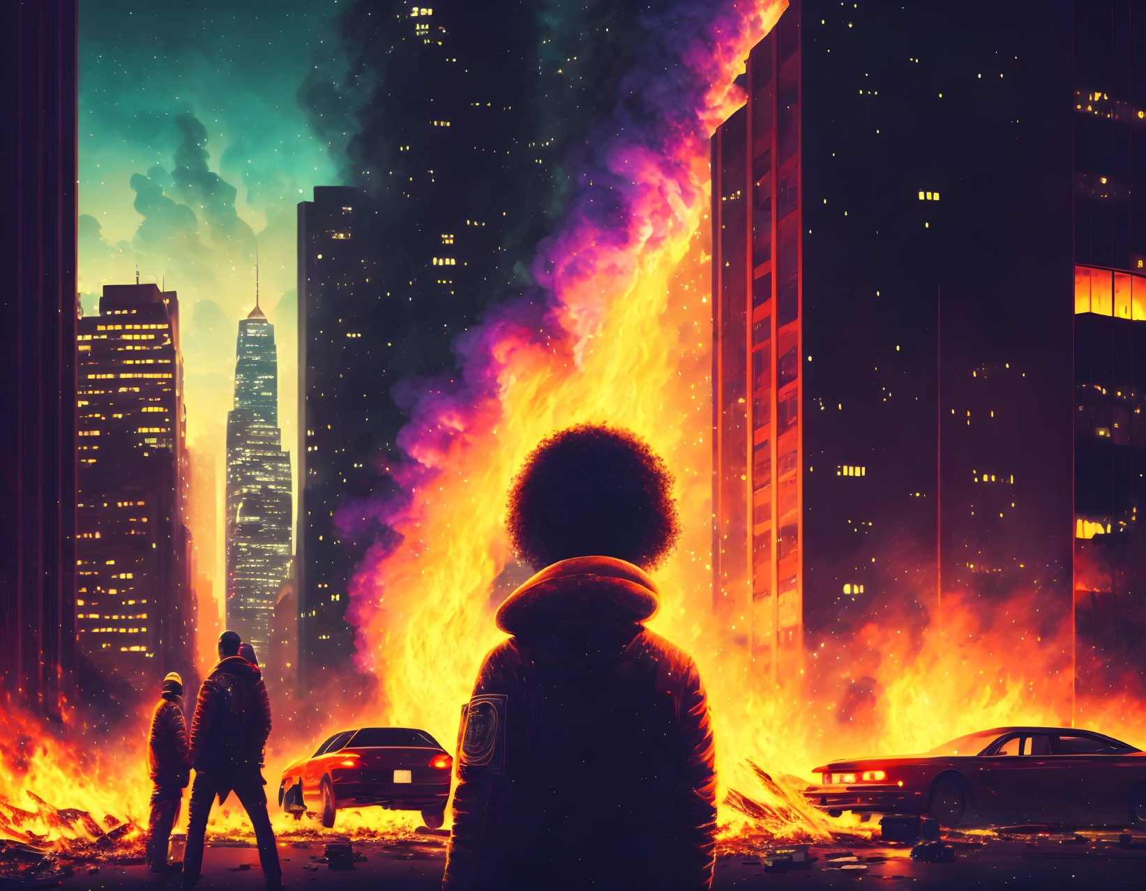 Hooded figure observes city fire at night with silhouettes