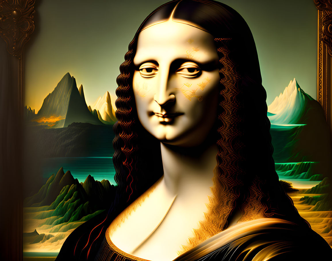 Exaggerated Mona Lisa portrait in surreal landscape with vibrant colors