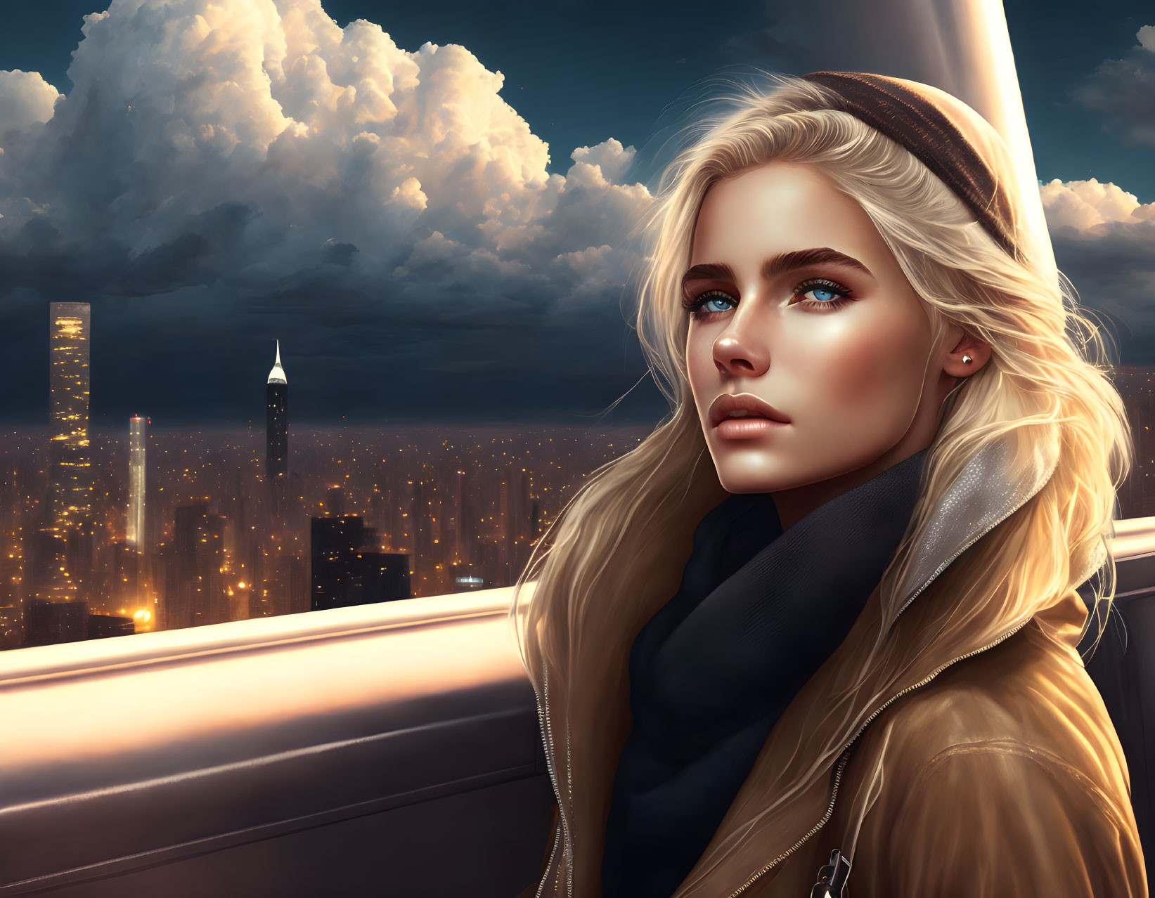 Blonde woman with blue eyes in cityscape at dusk