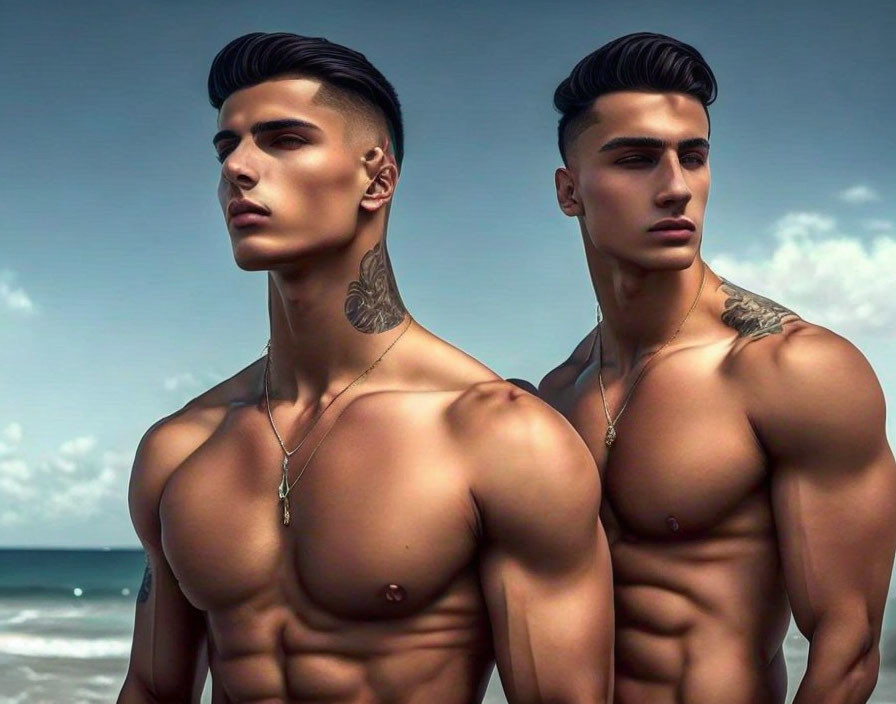 Identical Muscular Men with Tattoos Posing at Beach