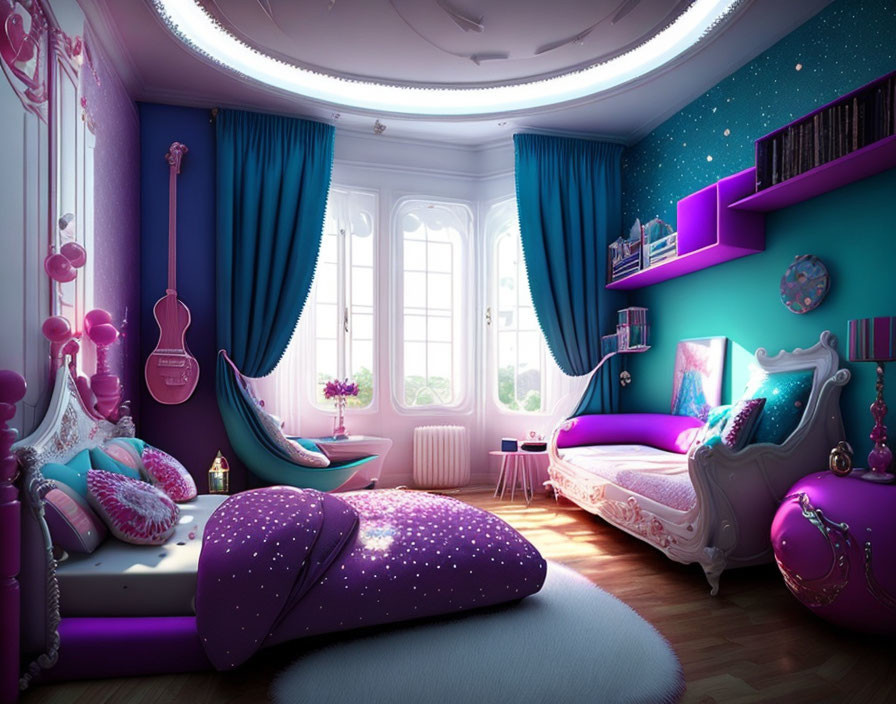 Purple-themed Bedroom with Starry Ceiling, Elegant Furniture, Books on Floating Shelves, and Large Windows