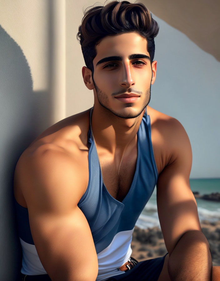 Styled hair man poses in sleeveless top against beach sunset wall