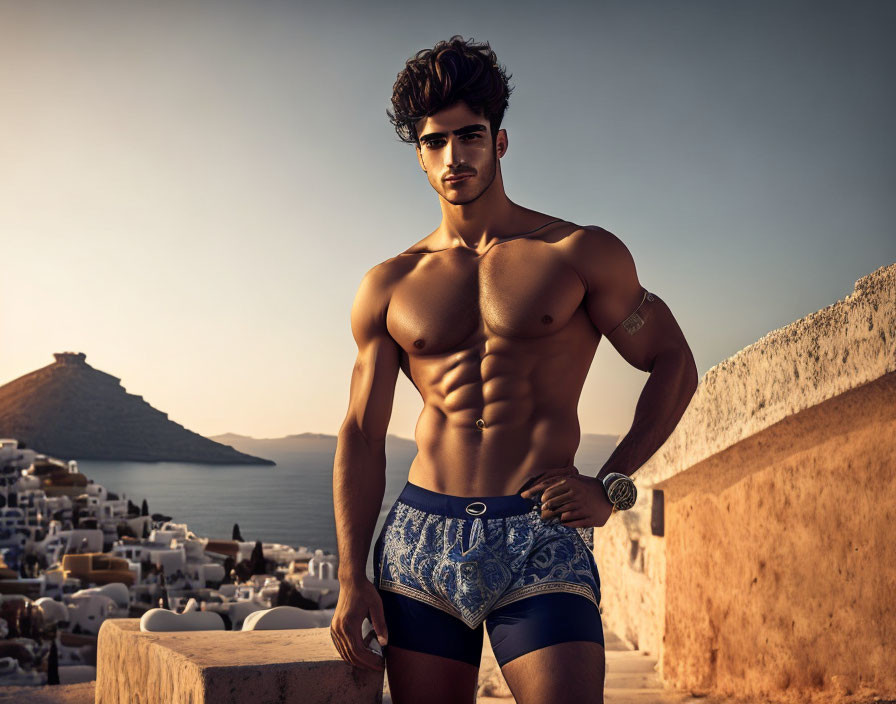 Muscular man in blue swim trunks on coastal sunset backdrop