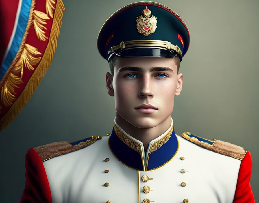 Man in formal military uniform with decorated cap and epaulettes before flag