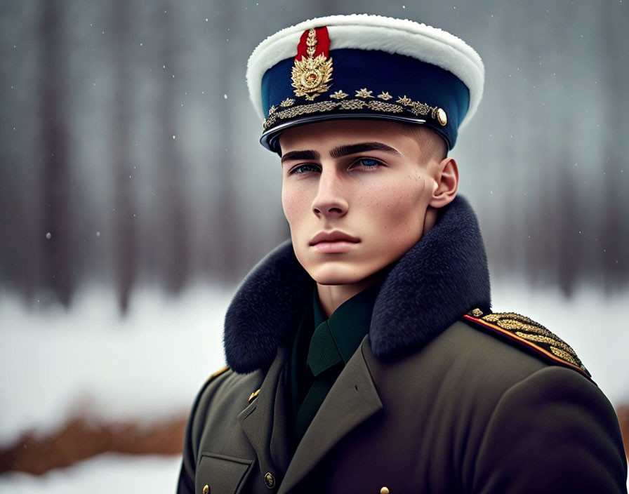 Young man in military uniform with ornate cap in snowy forest scene