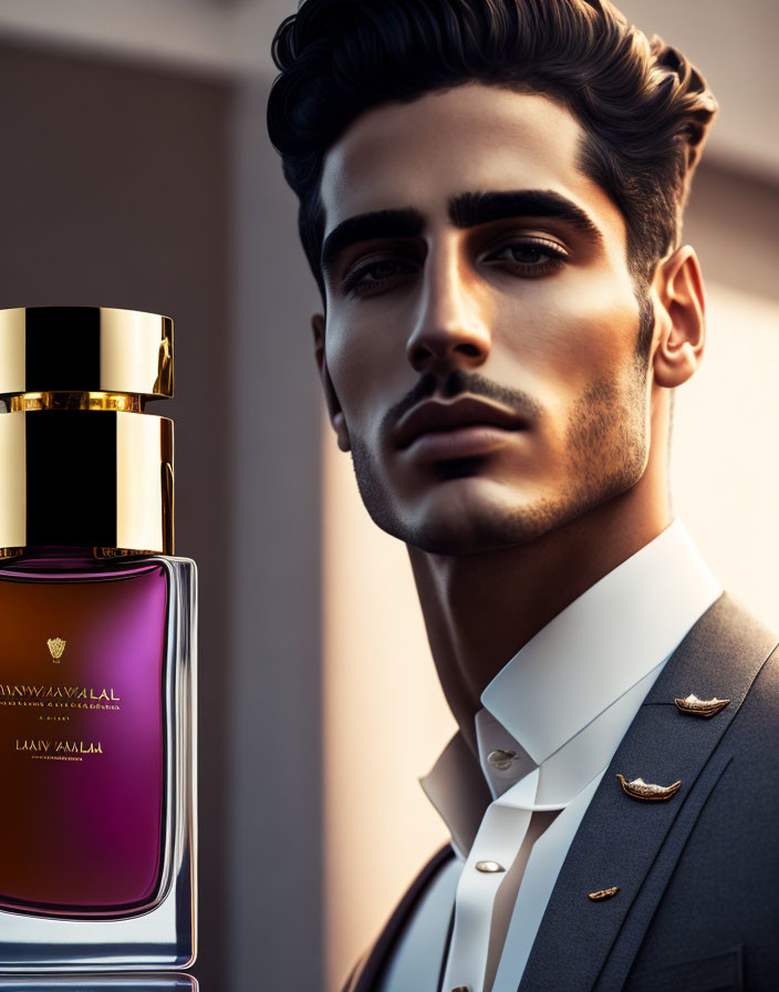 Elegant man in suit with luxury perfume bottle at sunset