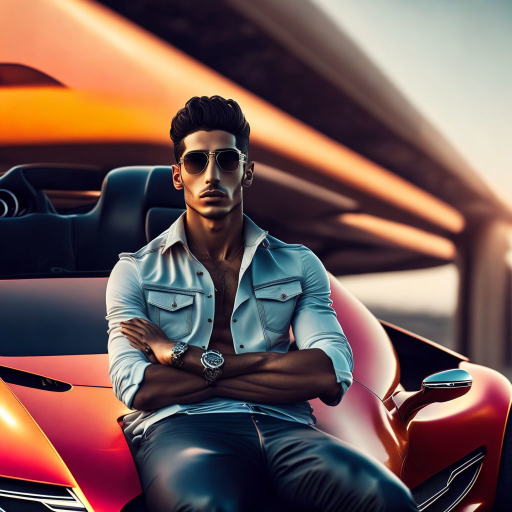 Fashionable Man Leaning on Red Sports Car at Sunset