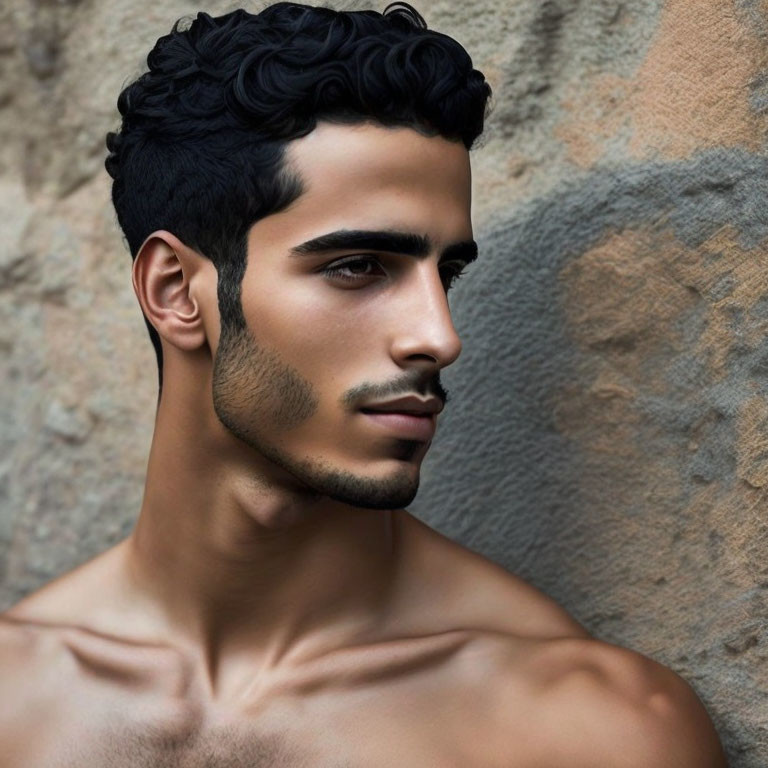 Young man portrait with dark curly hair and strong jawline against stone wall.